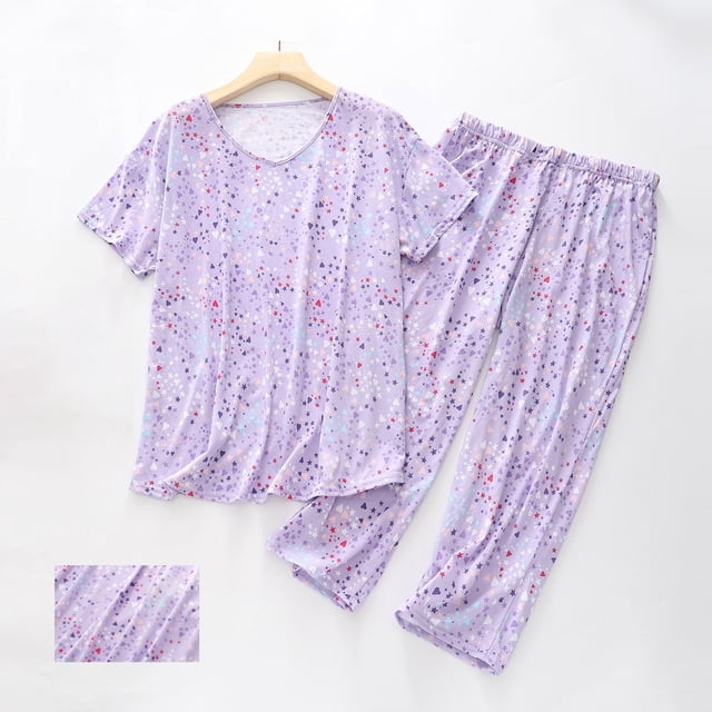 Kelon Ensembles de Pyjama pour Femmes Liquidation Femme Pyjamas Mélangés Ensemble de Pyjama en Coton pour Femmes Mignon Ensemble 2 Pcs Confortable Été Col en V T-Shirt à Manches Courtes Capri Tenue de Nuit