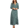 thumbnail image 3 of Qarigey Vestido de mujer con cuello en V y manga 3/4 Vestido largo con estampado de manga larga Ropa de cintura alta Vestidos Verde L, 3 of 6