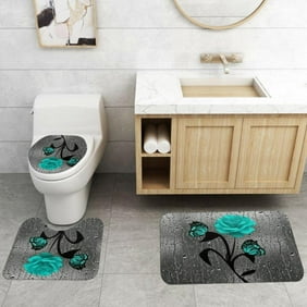 3Pcs Retro Butterfly Rose Bathroom Bath Mat, U-Shape Rug, Toilet Lid Cover Set (Green)