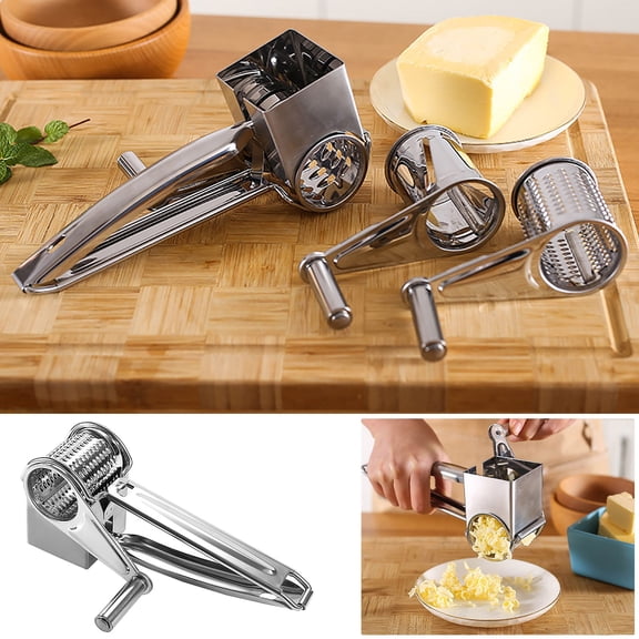 Rourlinge Stainless Steel Rotary Cheese Grater Handheld Manual Food Slicer Shredder with 3 Interchangeable Drums for Kitchen Vegetable Fruit Salad Garnish
