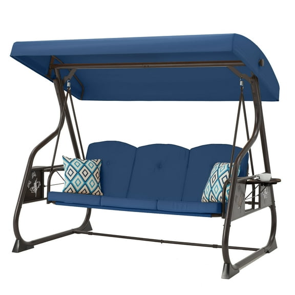 zzw 3-Seat Steel Canopy Porch Swing with Stand, Adjustable Backrest, Removable Pillows and Foldable Side Tray, Blue