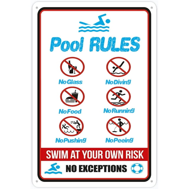Panneaux de Règles de Piscine Pas de Plongée Pas de Panneau en Verre, Pas de Nourriture Pas de Pousser Pas de Courir Pas de Pipi dans la Piscine Nager à Vos Risques et Périls, Panneaux 12 * 8 Pouces Sans Rouille Sans Rouille Aluminium, Montage Facile
