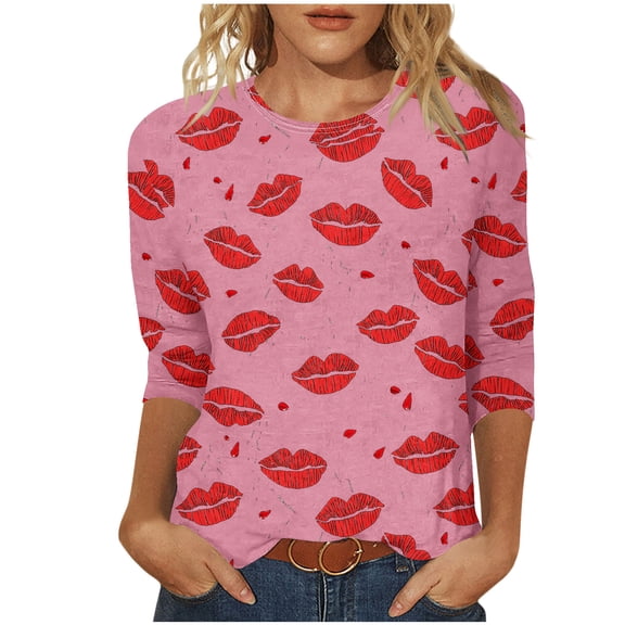 Guluxicc Valentine's Day Shirts for Women Casual Crewneck 3/4 Length Sleeve T Shirts Fashion Cute Graphic Print Pullover Tops, Pink, M