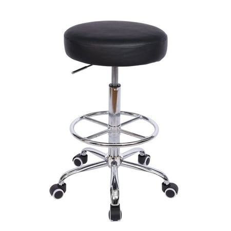 VECELO Round Rolling Stool with Footrest, Modern PU Leather Height Adjustable Swivel Drafting Office Chair with Wheels, Black