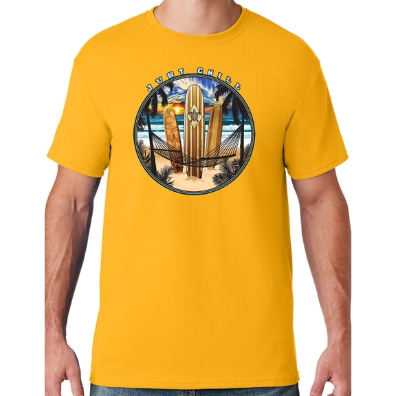 Mens Manu Bay Surf Company JUST CHILL SURFING T-shirt, 5XL Gold