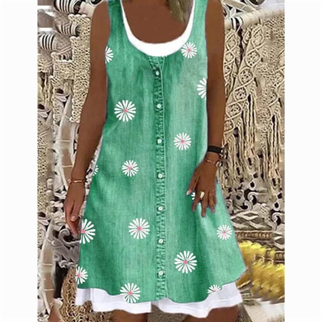 Women's A-Line Dress Fashion Floral Dot 3D Print Knee Length Dress Blue Sleeveless Spring Summer Casual Everyday Dress 20228XL Gao Jinjia LED
