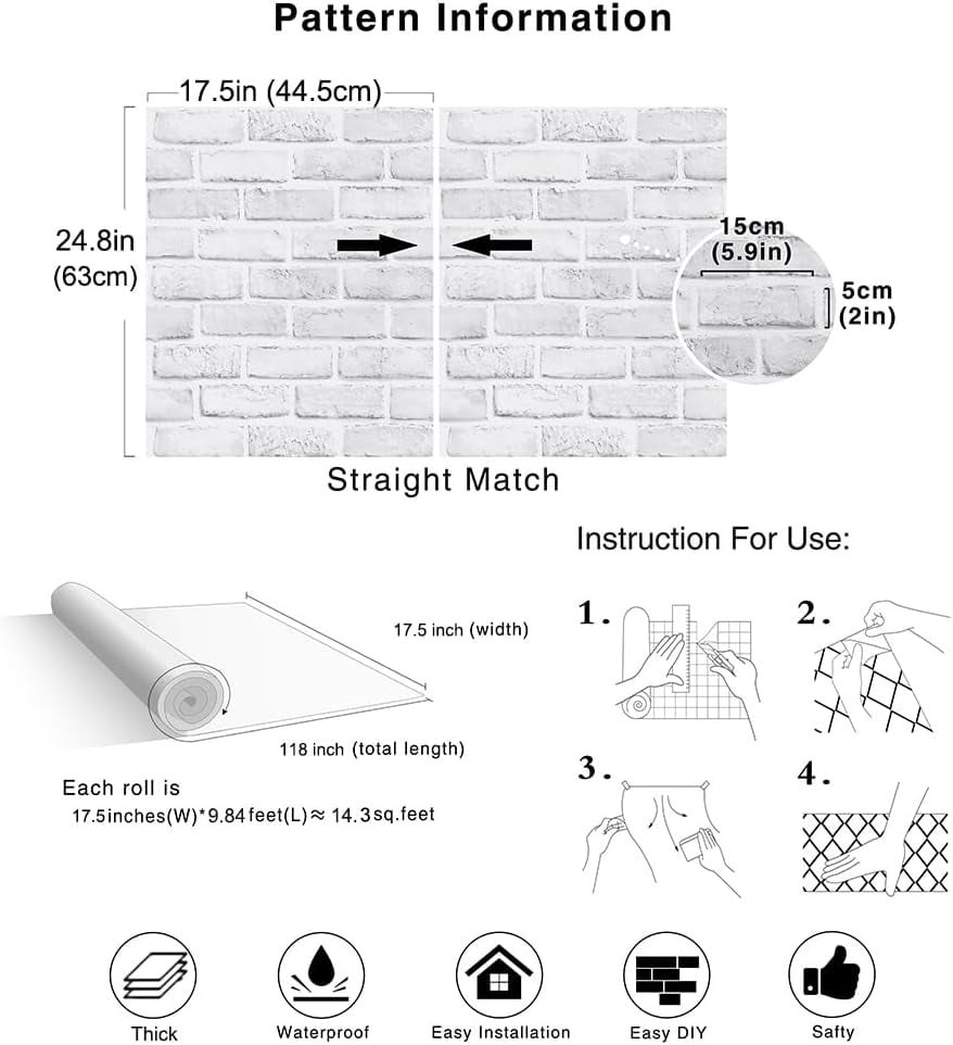 Abyssaly 17.7" x 393.7" Brick Wallpaper Peel and Stick Grey/White Removable Wall Paper Shelf Paper Self Adhesive Brick Wallpaper Peel and Stick Fireplace Decoration Wallpaper