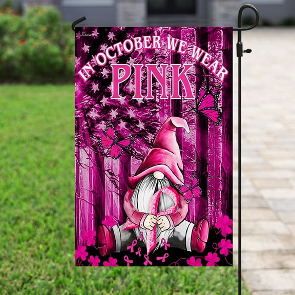 Flagwix Breast Cancer Decoration, Breast Cancer Pink October Pumpkin Gnomes Flag - Garden Flag (12x18)