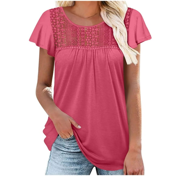 Mrat Half Sleeve T-Shirt Women's Solid Round Neck Lace Ruffle Sleeve Net Short Sleeved Slim Tops/Shirt Oversized Sweatshirt S-24 Red-A M