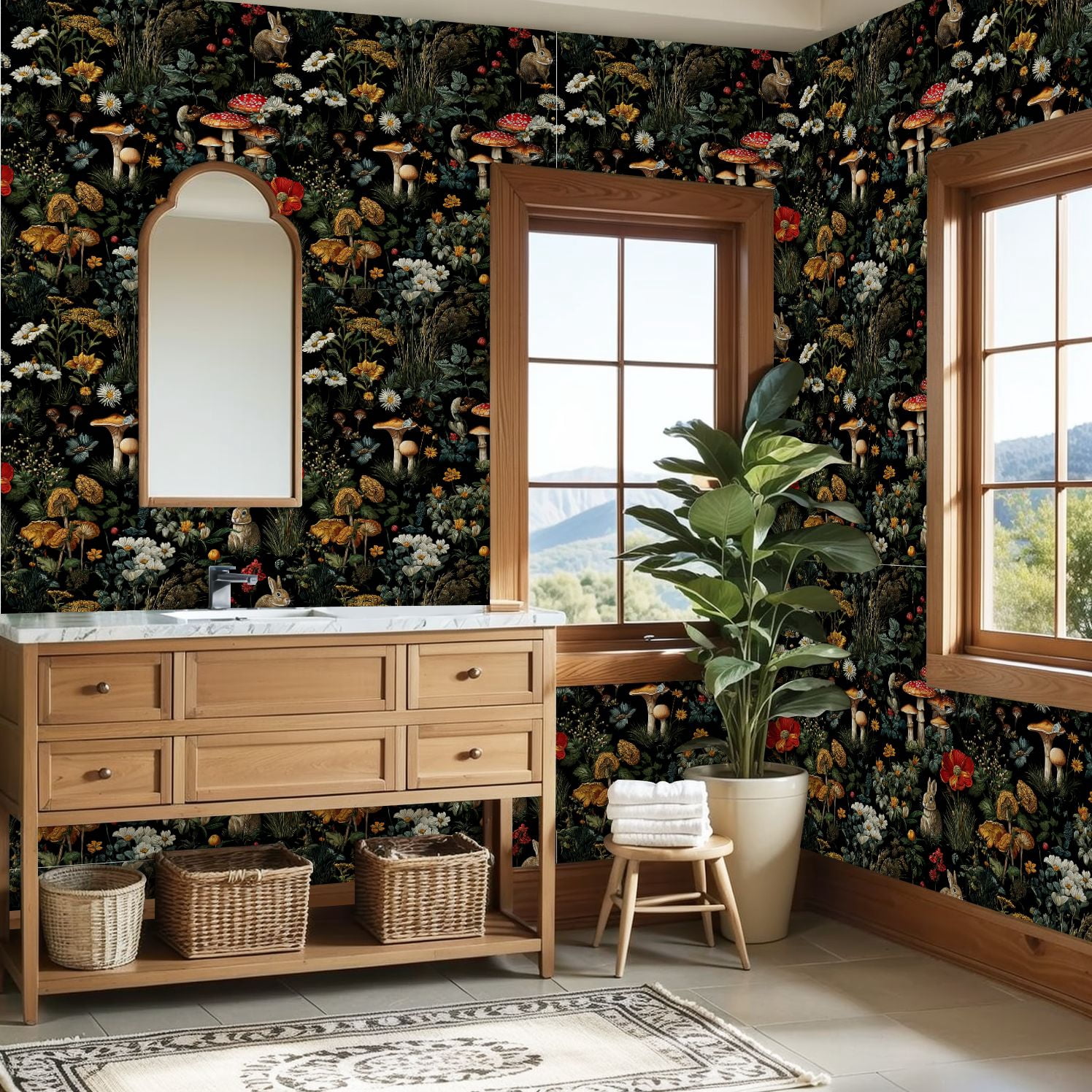 Peel and Stick Wallpaper Whimsical Forest Scene Mushrooms Wildflowers Rabbits Wall Mural 23.6in x 9.8ft Self Adhesive Removable Wall Paper Renter Friendly Wallpaper for Nursery Bedroom Cabinets