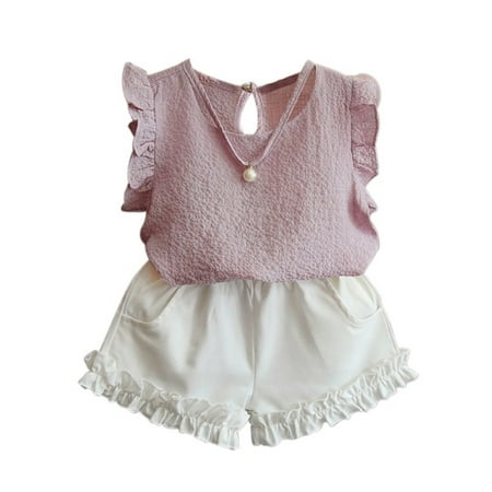 

2Pcs Summer Baby Girls Pearl Sleeveless Chiffon Vest Tops+Shorts Outfit Set