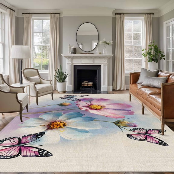 Pink Blue Floral Area Rugs 8'x10', Washable Small Throw Rugs for Living Room Patio, Butterflies Retro Oil Painting Indoor Outdoor Rug Non-Slip Low Pile Carpet Runner Reversible Floor Mats