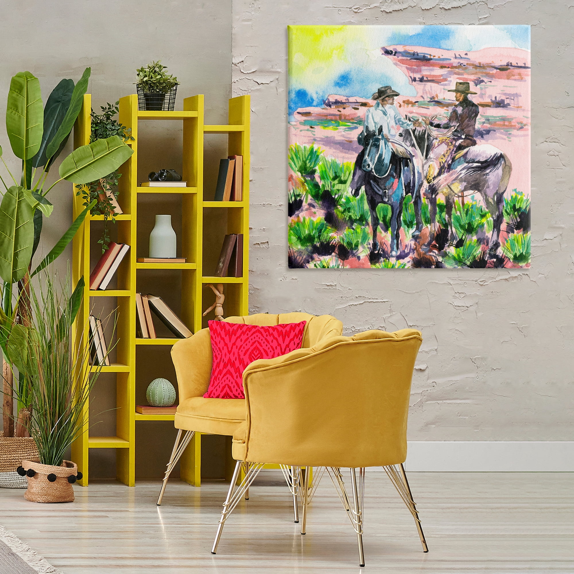Stupell Industries Sunny Canyon Cowboys Animals Painting Wrapped Canvas Art Print Wall Art, 36 x 36