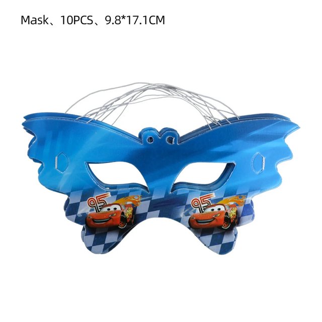 decoraciones para fiesta de cumpleaños de cars de disney, globos con dibujos de rayo mcqueen, tema para baby shower, suministros de fiesta de cumpleaños para niños — máscara de papel azul en forma de mariposa, vista frontal centrada; impresiones de Rayo McQueen y el número 95 en la base, cintas elásticas blancas para sujeción, tamaño aprox. 9.8 x 17.1 cm; adecuada para fiestas infantiles y baby shower.