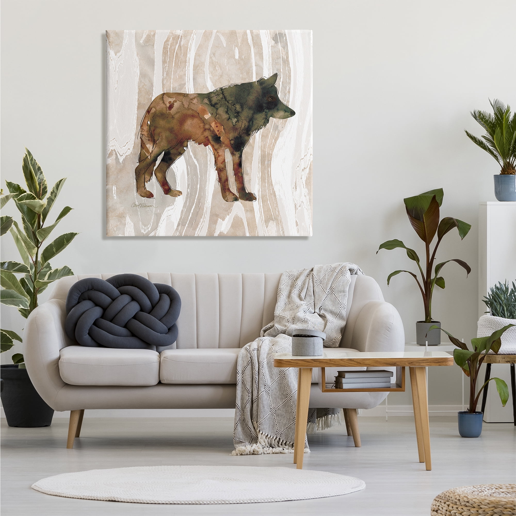 Stupell Industries Woodland Wolf Watercolor Silhouette Rustic Grain Pattern Animals & Insects Painting Gallery Wrapped Canvas Print Wall Art, 36 x 36