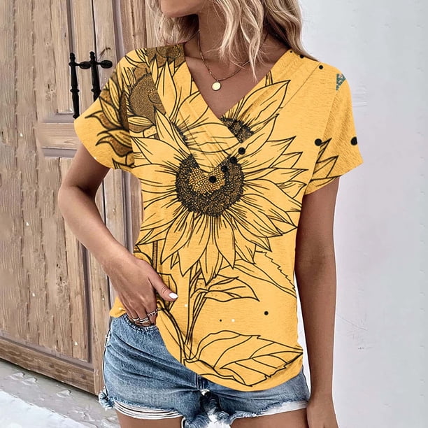 Fiudx Liquidación de Ofertas Flash Top de Primavera/Verano de Manga Corta Informal de Moda con Cuello En V para Mujer
