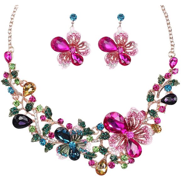Statement Necklace Earrings Set for Women, Colorful Floral Crystal Rhinestone Jewelry Set, Gold-Tone Flower Leaf Bib Necklace for Party Prom Wedding Cocktail