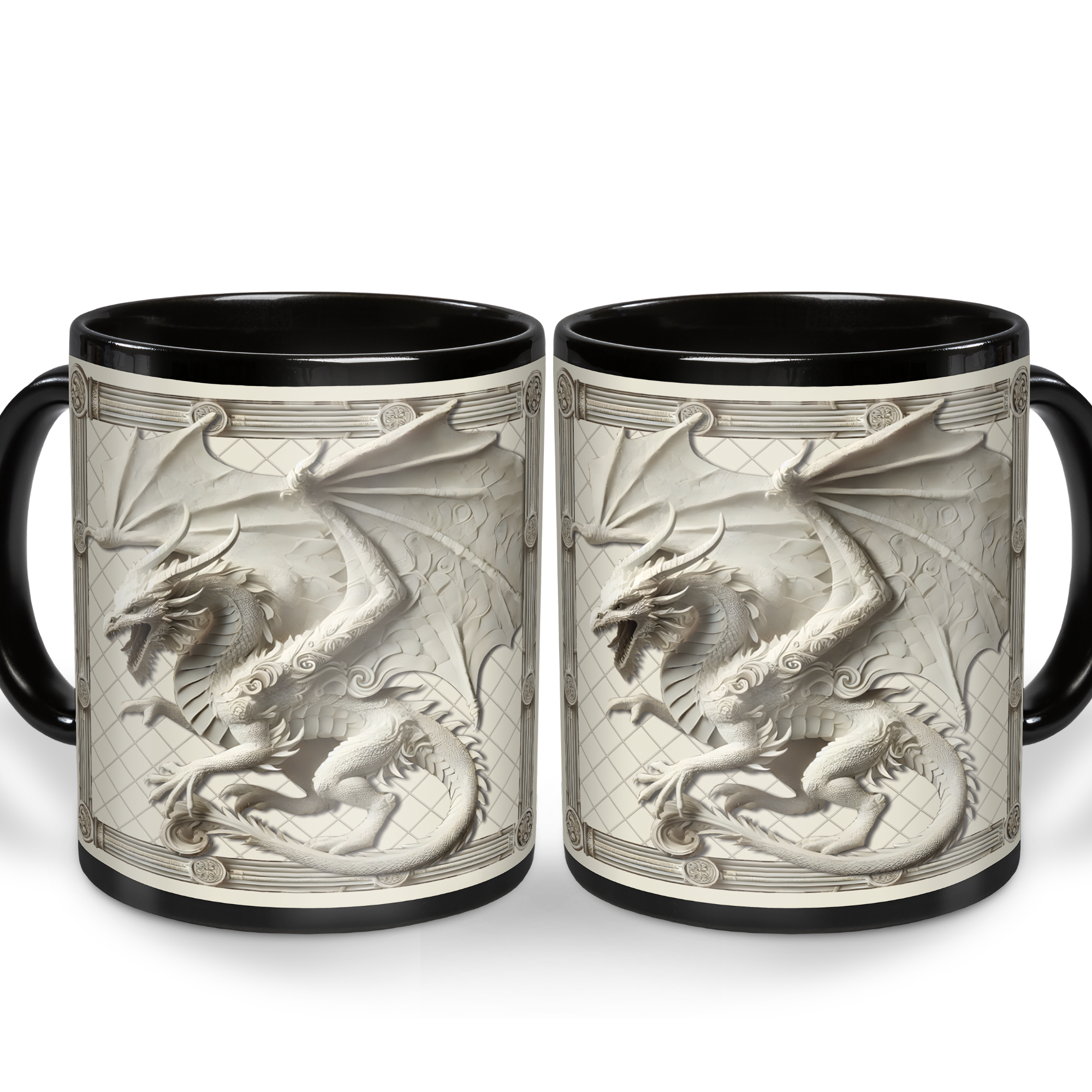 Lotusprinthandmade 3D White Dragon Lovers Black Ceramic Mug (15oz) (Made In US), Mystical Dragon-Themed Coffee Cup