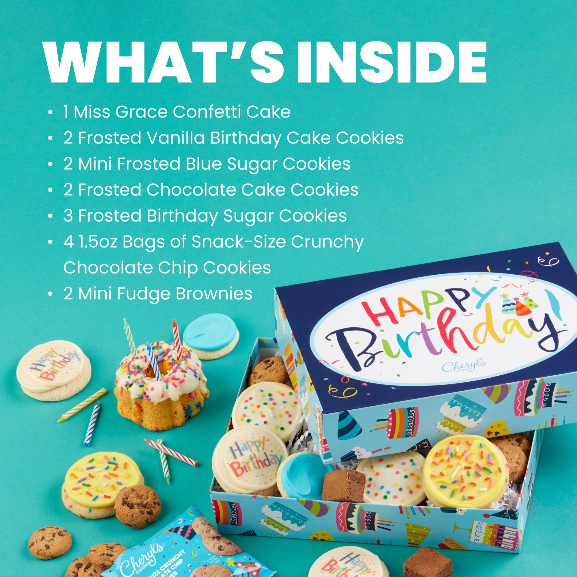 Cheryl's Cookies® Birthday Gift Box, with 16 Chocolate Chip, Buttercream-Frosted Sugar Cookies, Brownies, and Cake, Individually Wrapped, Birthday Gift for Loved Ones, Family, Friends, Coworkers