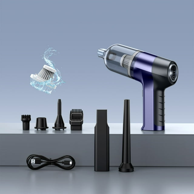 Aspiradora de coche | Mini Portátil Inalámbrico 80W | Succión de alta potencia de 5500 mbar | Carga USB recargable | Filtro lavable | Múltiples archivos adjuntos | Azul | 19x16cm