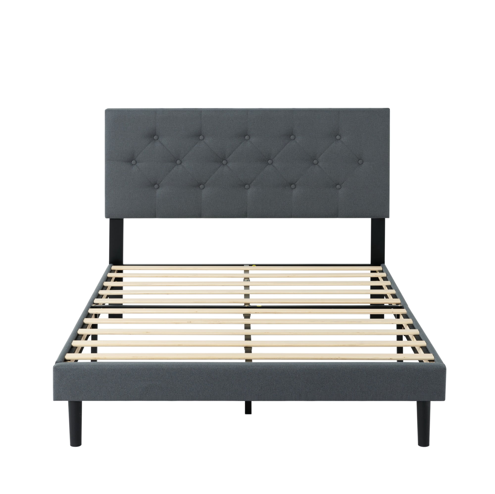 Gewnee Full Size Bed Frame,Linen Platform Bed with Upholstered Button Headboard,Modern Bedroom Furniture with Wood Support,No Box Spring Needed,Dark Grey