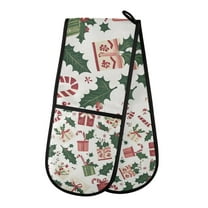 Yayeee Double Oven Mitt Kitchen Heat Resistant Baking 35" x7" Quilted Glove, White Christmas Holly