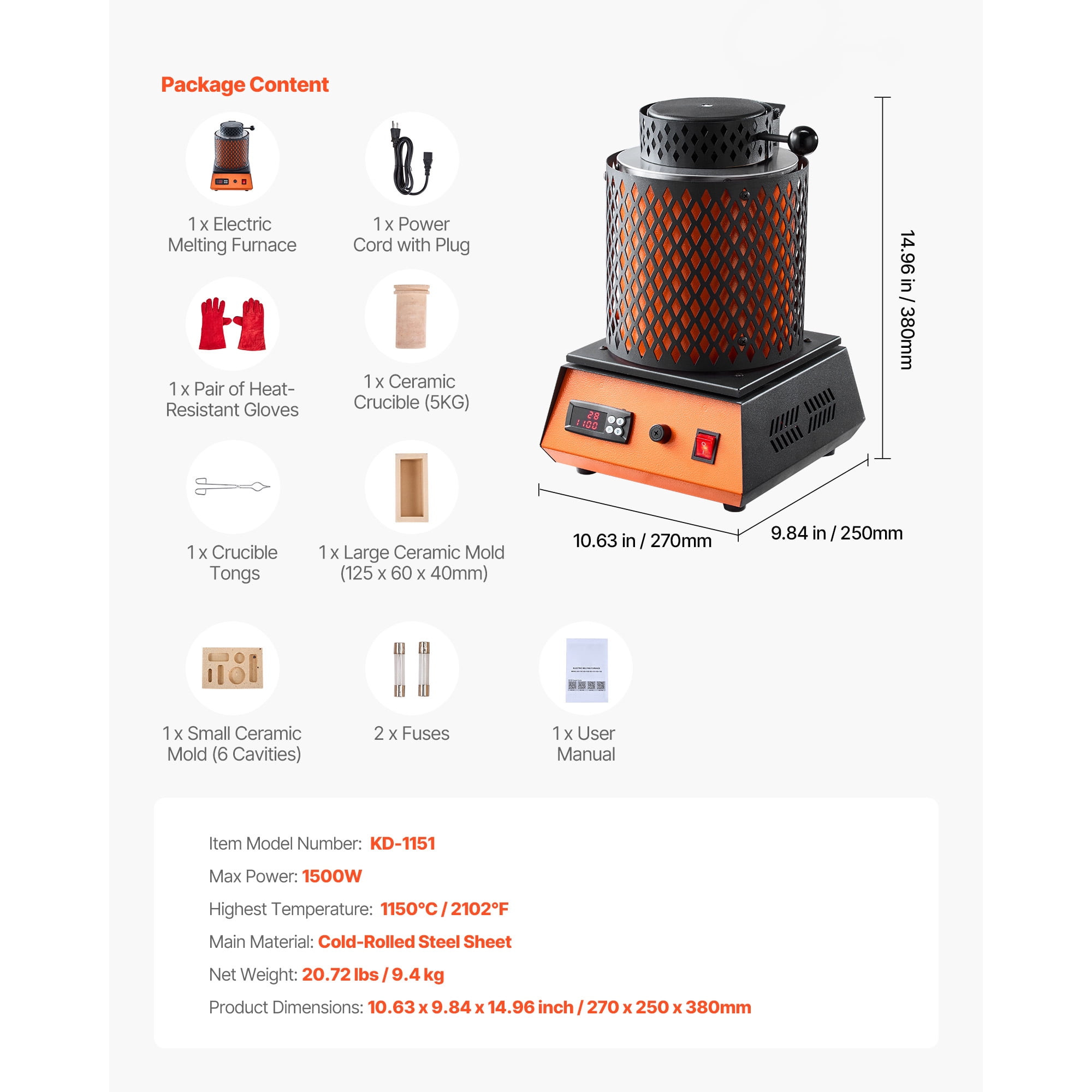 KFFKFF Electric Melting Furnace, 1500W Metal Smelting Machine, 2102℉/1150℃ Foundry with 5kg Ceramic Crucible, Metal Smelter Kit for Jewelry Crafting, Metal Bars, and Components