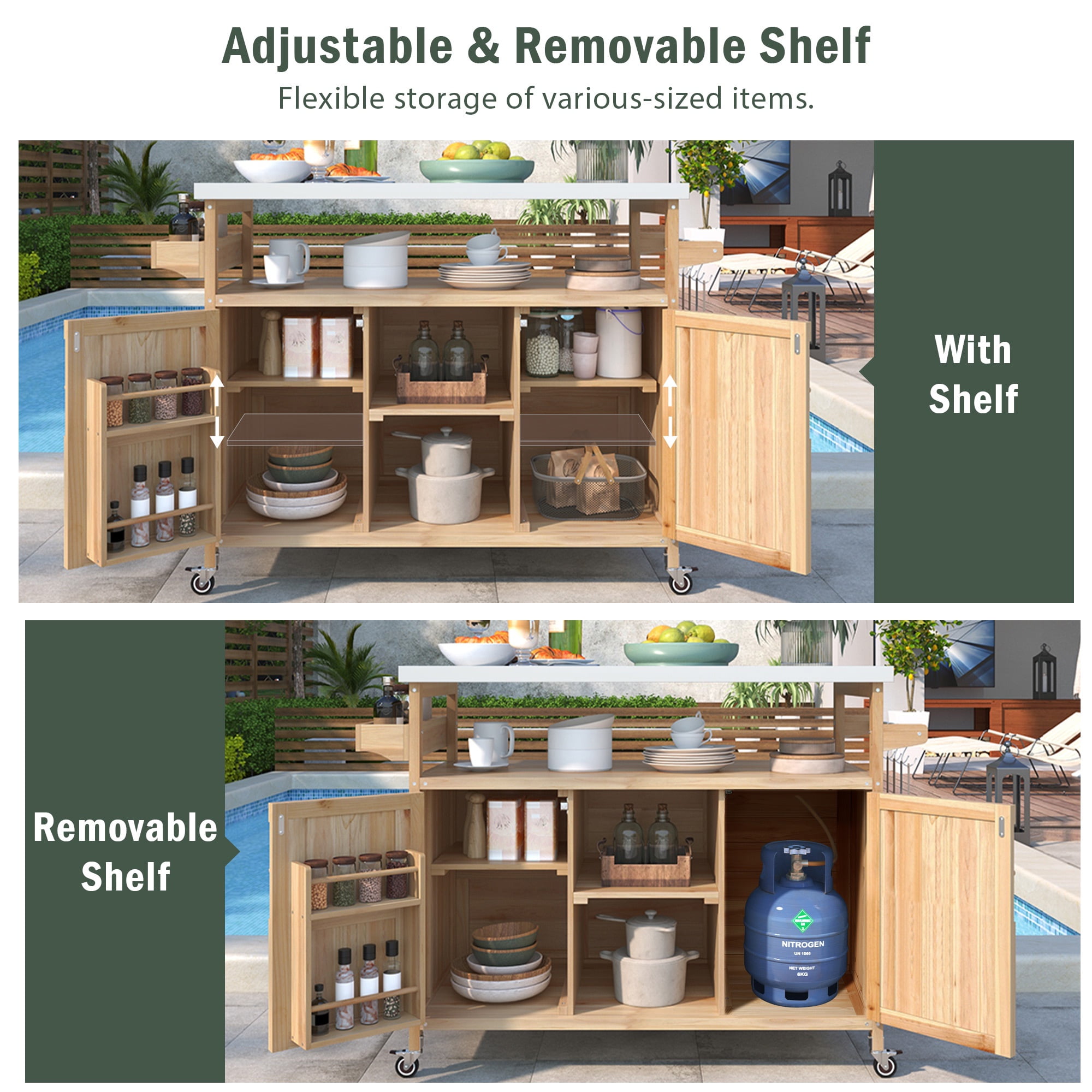 Bellemave Outdoor Kitchen Island Solid Wood Mobile Rolling Bar Cart with Lockable Wheels, Rack and Stainless Steel Top Outdoor Grill Table with Storage Cabinet for Patio, Natural