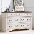 thumbnail image 1 of FIAKOA Commode à 7 Tiroirs pour Chambre, 55” L. Coffre de Rangement Haut en Bois Style Ferme pour Salon, Blanc, 1 of 8