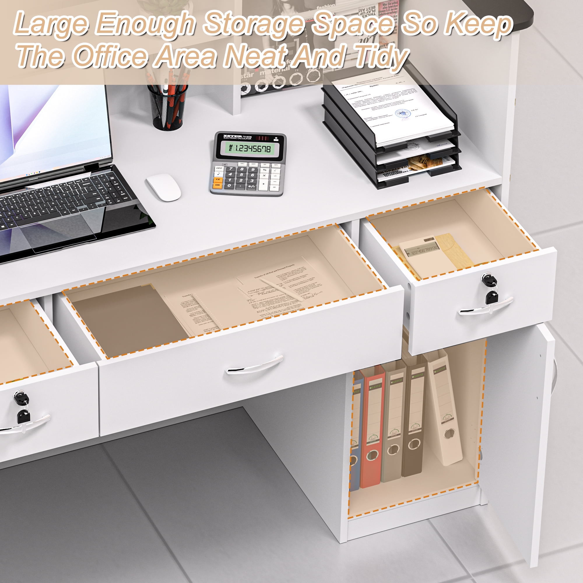 HARIPUL 50-inch Reception Desk with Counter, Front Desk Office Desk with Storage Shelves & LED Lights, White