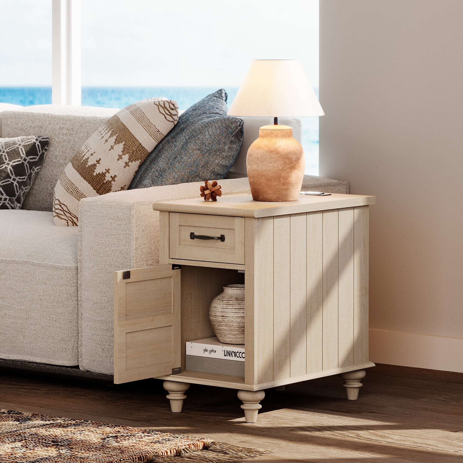 Beige Side Table with Drawer & Cabinet, Elegant End Table with Charging Station, Wooden Nightstand for Bedroom, Living Room