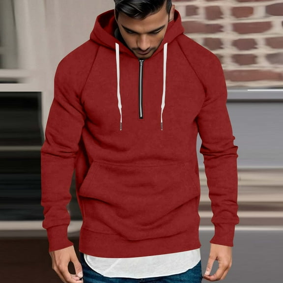 SYMOID Mens S Red Half-Zip Hoodie - Lightweight Quick-Drying Polyester with Raglan Sleeves & Kangaroo Pocket