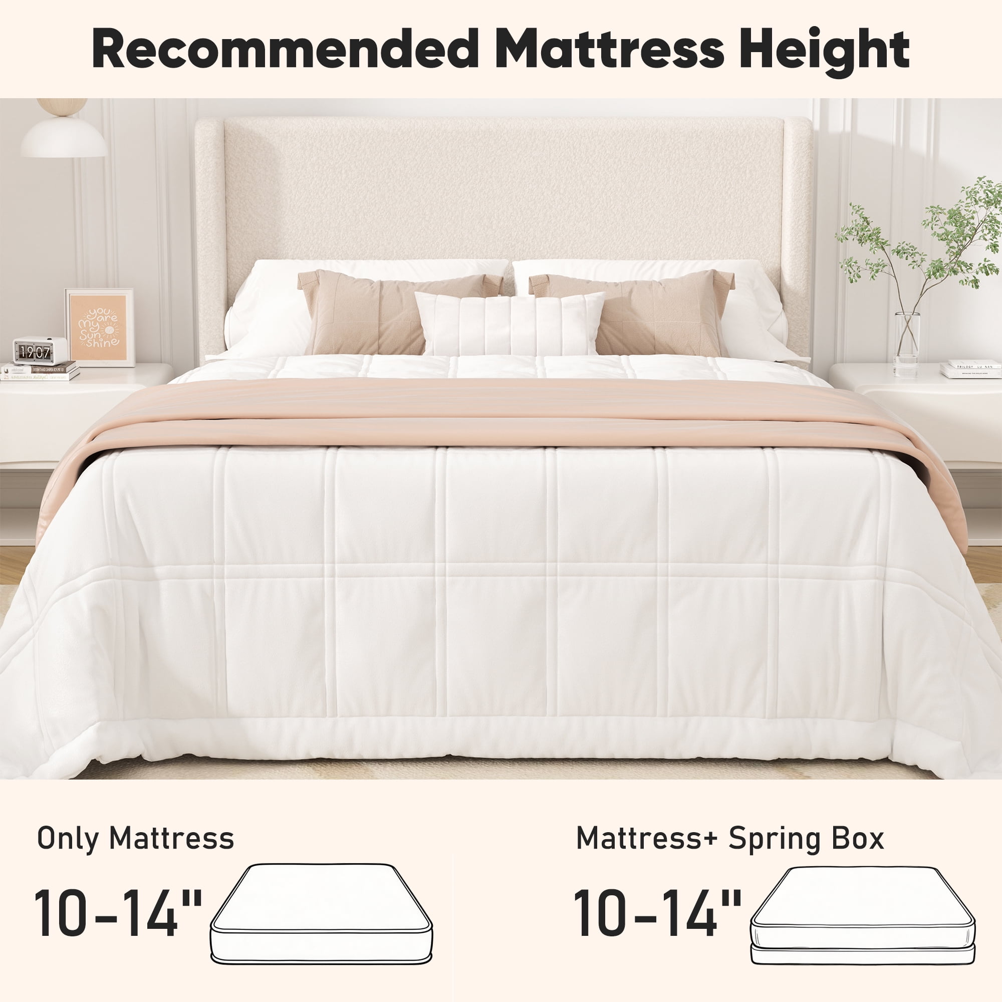 Frostbloom Full Size Boucle Upholstered Platform Bed Frame with Wingback Headboard, Beige