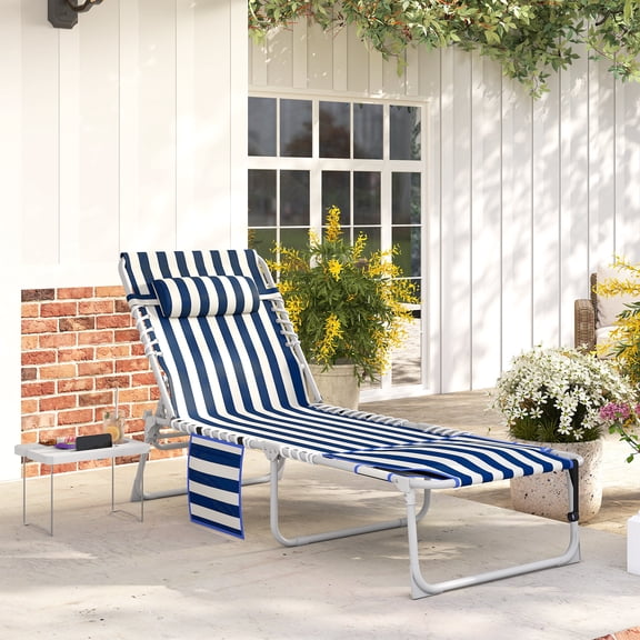 Outsunny Tanning Chair with Face Hole, Side Table, 5-Position Folding Outdoor Chaise Lounge Chair with Carry Straps, Blue and White