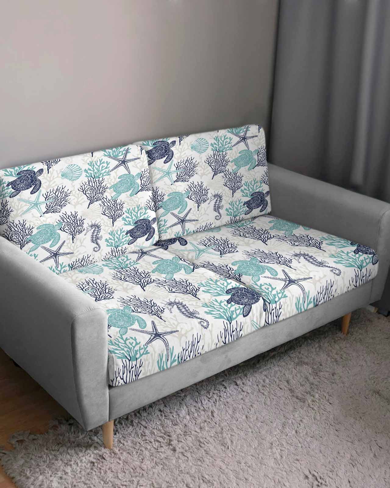 Teal Blue Coastal Couch Cushion Covers Stretch, Washable Sofa Seat Covers Individual Seat Cushion Sofa Slipcovers Sea Turtle Nautical Coral Summer Beach Couch Cover Furniture Protector S-3PCS
