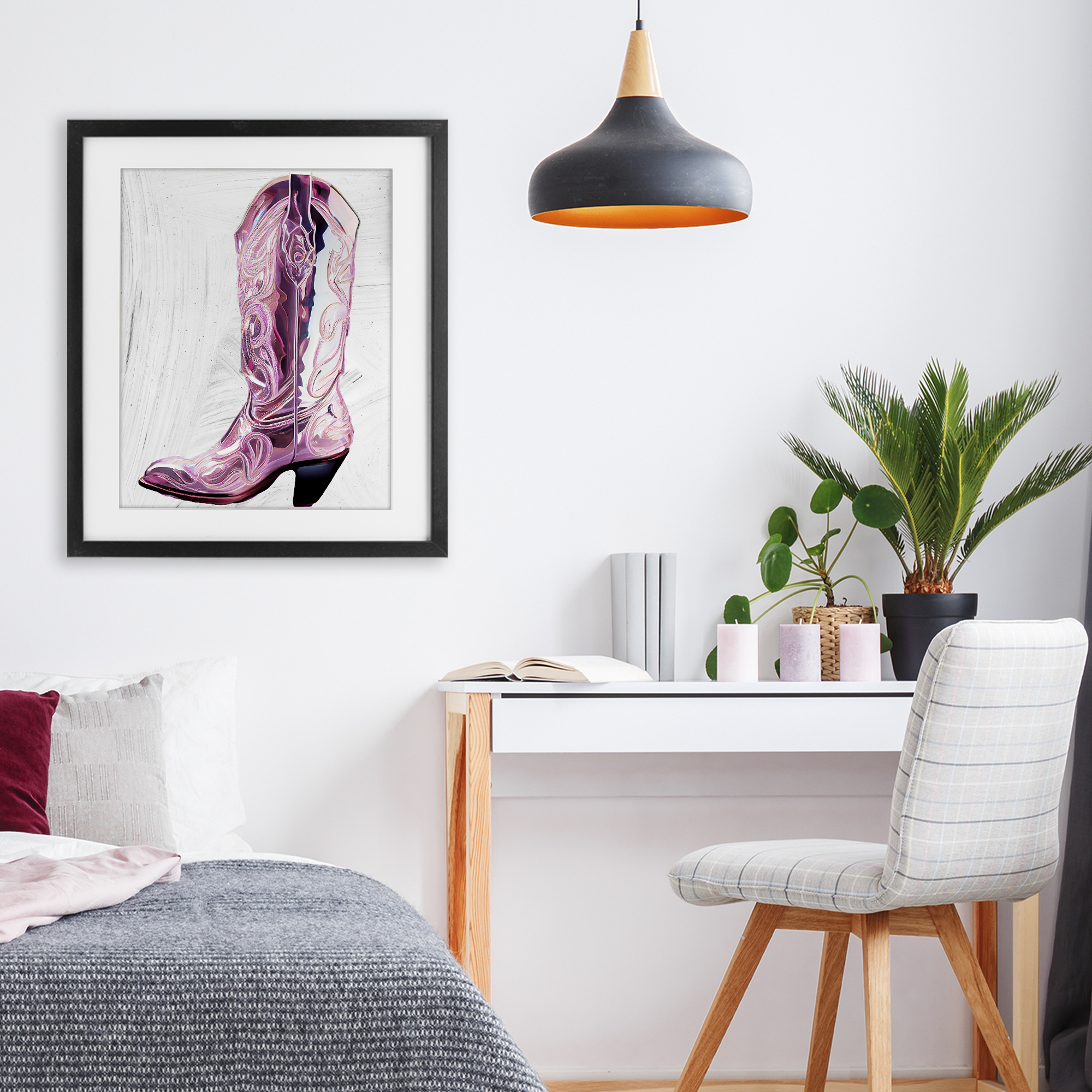Cowgirl Cinderella's Boot Black Framed Print Under Glass, design by Sasha