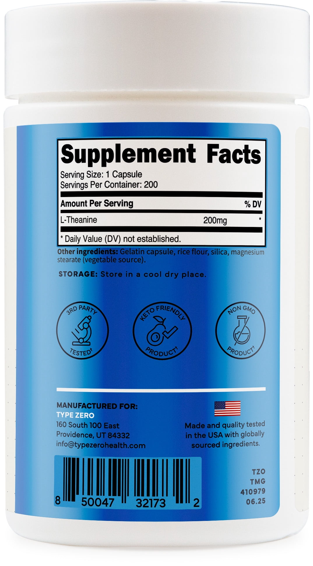 Type Zero L-Theanine (200mg) 200 Capsules - Clean L-Theanine Supplement, Keto, GMO-Free