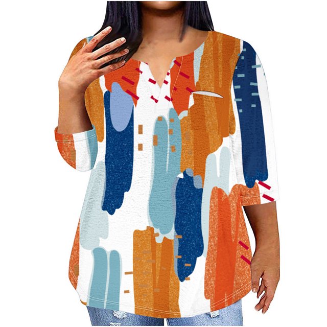 T-shirt Imprimé pour Femmes, Haut Décontracté Coupe Ample avec Manches 3/4 et Col Rond, Grande Taille Confortable