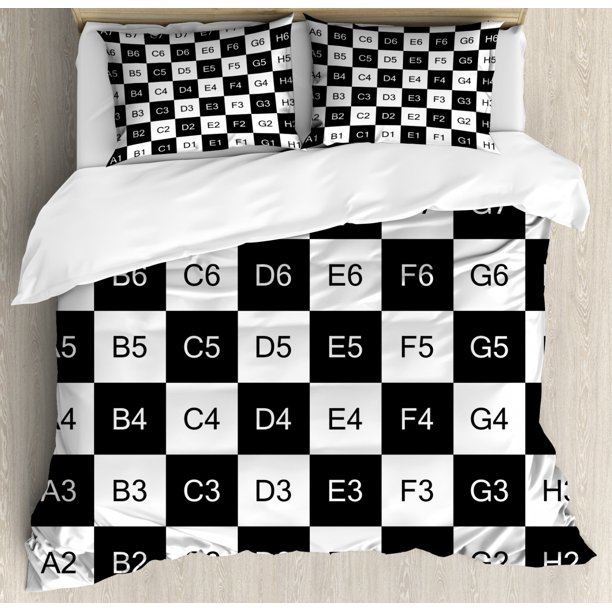 Checkers Game Queen Size Duvet Cover Set, Monochrome Chess Board Design