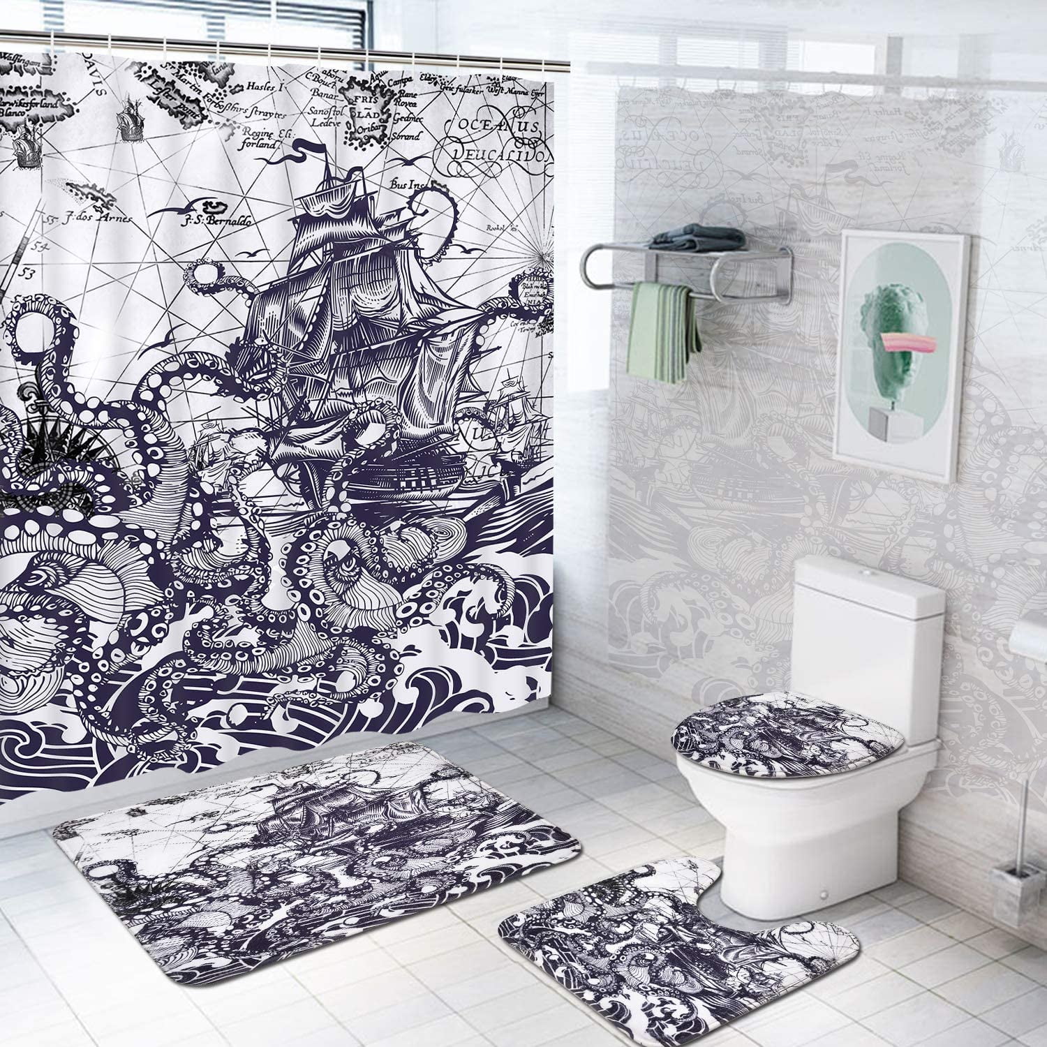 Octopus Pattern Bathroom Waterproof  Fabric Shower Curtain Liner Bath Doormat 