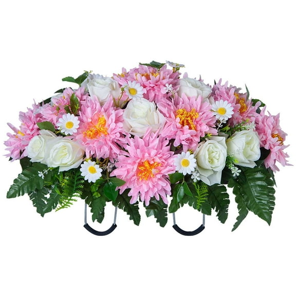 nTRIUQJ Eternal Memorial Rose Bouquet Realistic Silk Floral Arrangement with Decorative Saddle for Lasting Cemetery Display Pink