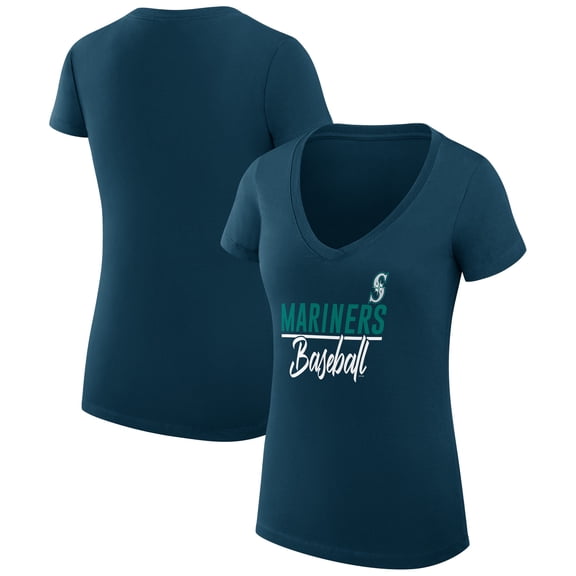 Women's G-III 4Her by Carl Banks Navy Seattle Mariners Super-Slim Fit Lightweight Team Graphic V-Neck T-Shirt