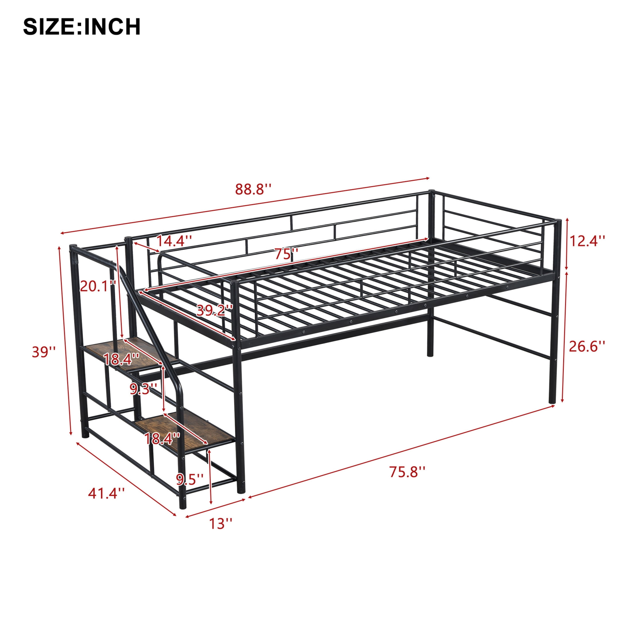 Noble House Twin Mid Loft Bed, Metal Frame with Wooden Accent, Storage Stairs and Low Profile Safety, Black