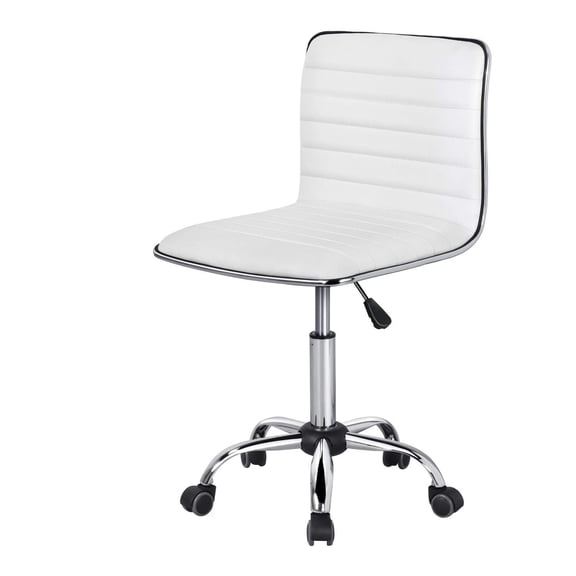 PU Leather Low Back Desk Chair,Ribbed Armless Swivel Task Chair for Home Office Computer Rolling Vanity Stool with Wheels,White