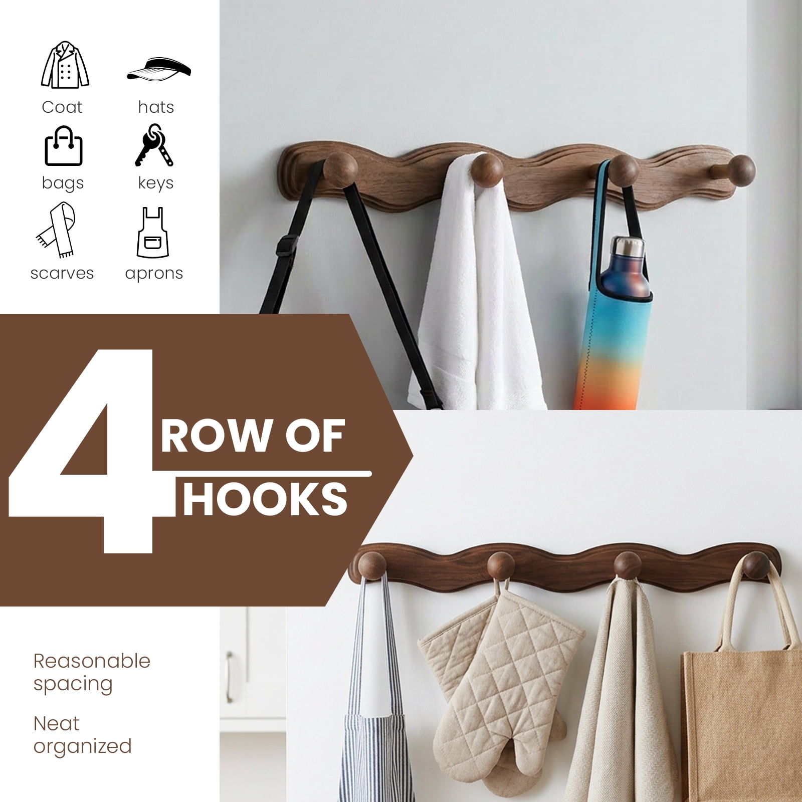 Wood Wall Mounted Coat Rack with 6 Hooks Wooden Hangers Wall Hook for Entryway Bathroom Bedroom Kitchen for Hanging Clothes Keys Robes Purse Towels Bags