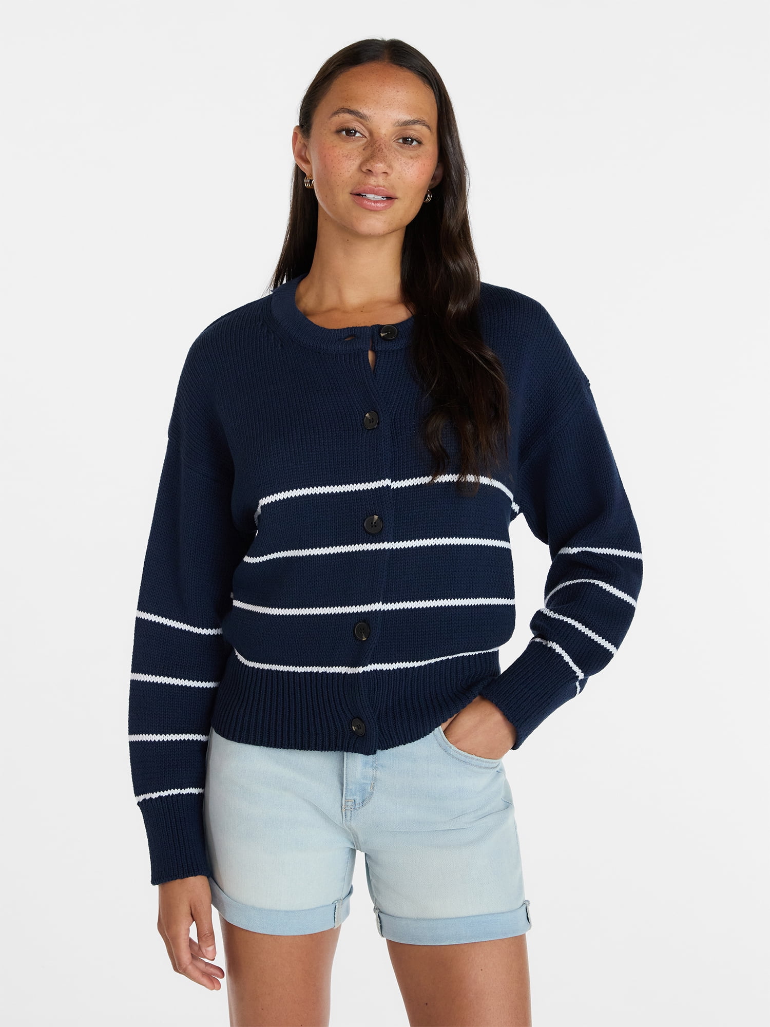 Time and Tru Women's Striped Cardigan Sweater with Long Sleeves, Sizes XS-XXXL