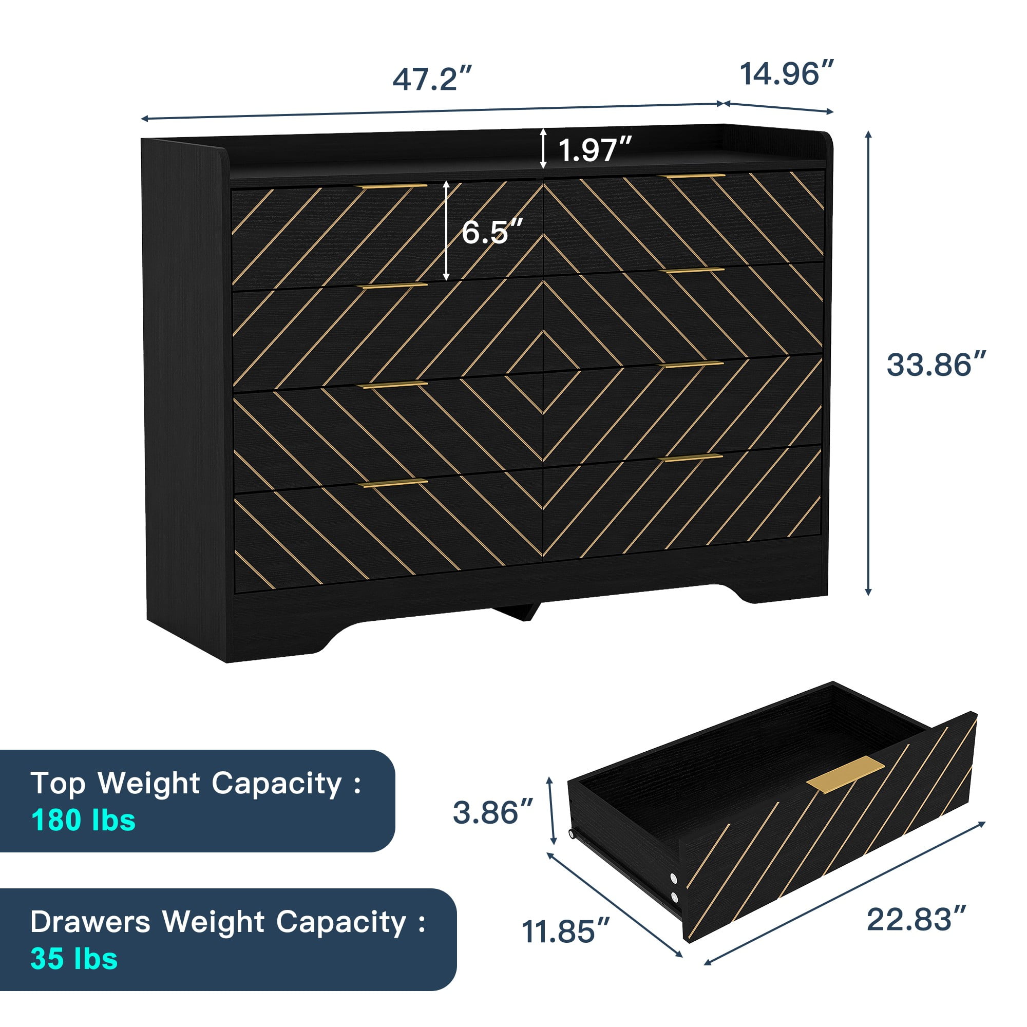 Finihen Modern 8 Drawer Dresser, Wood Chest of Drawers Storage Organizer with Metal Gold Handles for Bedroom, Living Room, Hallway, Entryway, Black Finihen Modern 8 Drawer Dresser, Wood Chest of Drawers Storage Organizer with Metal Gold Handles for Bedroom, Living Room, Hallway, Entryway, Black