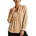 thumbnail image 2 of ClodeEU Women's Henley Pleated Front Long Sleeve Blouse,Casual Loose Flowy Shirt Top Khaki,Women's Plus L, 2 of 7