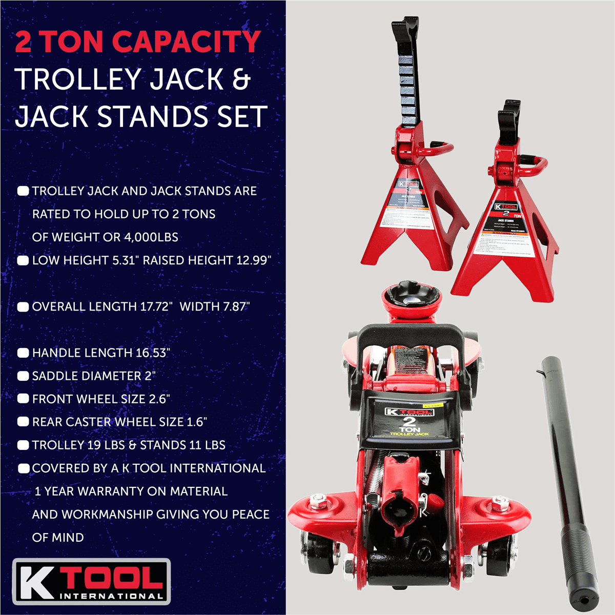 K Tool 63097A 2 Ton Trolley Floor Jack, Steel, Swivel Casters