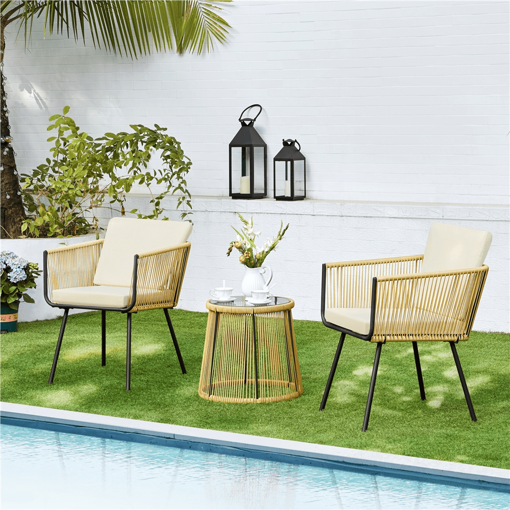 Renwick 3-Piece Outdoor Wicker Bistro Set with Table and 2 Chairs, Tan/Cream